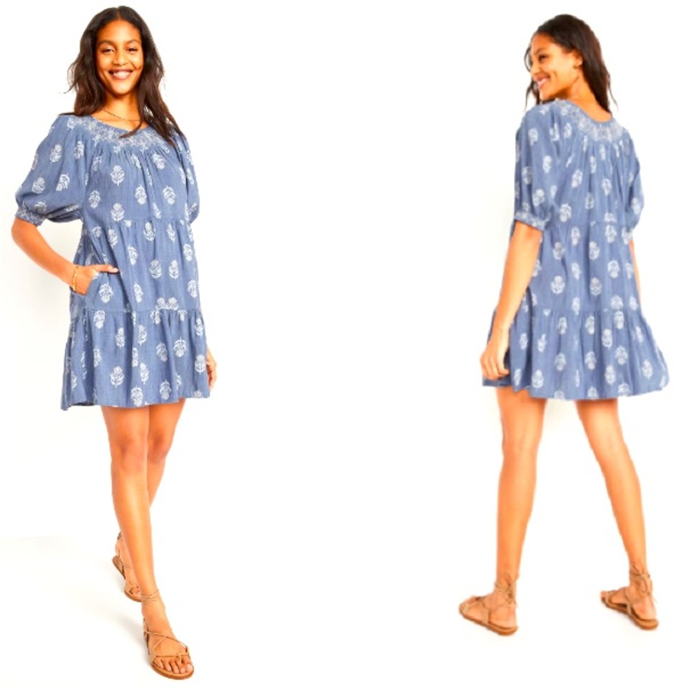 Old Navy Women's Blue Puff-Sleeve Smocked Embroidered Tiered Mini Swing Dress